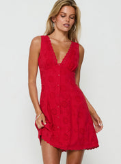 Gabbey Anglaise V Neck Mini Dress Tomato Red