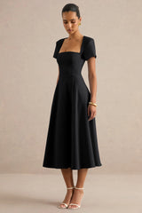 Donia | Black Square-Neck Midi Skater Dress