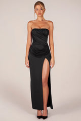 Bandeau Draped Thigh-High Maxi Dress In Black