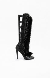 Women's Shaine Black Faux Fur Gladiator Sandal Boots