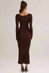 Modal Peekaboo Long-Sleeve Midi Dress In Chocolate Brown