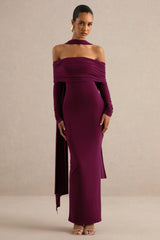 Julissa | Burgundy Bardot-Neck Maxi Dress With Scarf Detail
