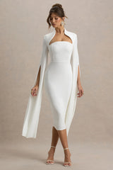 Linden | White Fitted Cape-Sleeve Midi Dress