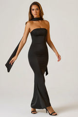 Scarf-Detail Strapless Gown In Black