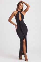 Ruffle-Trim Halterneck Gown In Black