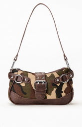 Camo Faux Leather Front Buckle Shoulder Bag