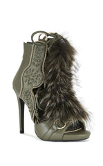 Women's Shainy Olive Faux Fur Gladiator Booties