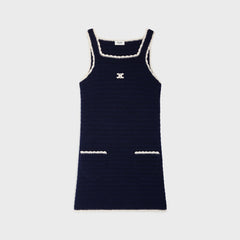 Celine Women's Summer Fashion Casual Solid Color Square Neckline Patch Pocket Sleeveless Logo Handmade Crochet Mini Dress #79292