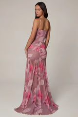 Ruched Asymmetric Corset Gown In Blurred Floral