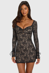 Lace Long-Sleeve Mini Dress In Black