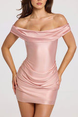 Satin Off-Shoulder Draped Mini Dress In Blush Pink