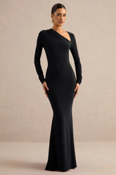 Florabella | Black Asymmetric-Neck Long Sleeve Maxi Dress
