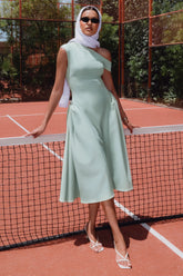 Celosia | Sage Asymmetric-Neck Midi Dress With Silver Detailing