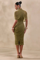 Fleurise | Olive Mesh High-Neck Midi Dress With Short Cape-Sleeves And Gathered-Detailing