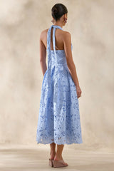 Maribel | Powder Blue Lace Plunge-Neck Midi Dress