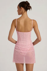 Semi-Sheer Embellished Draped Corset Mini Dress In Pink