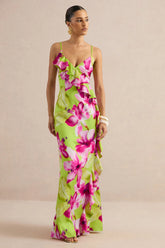Marcelina | Lime And Pink Floral Print Satin V-Neck Maxi Dress