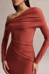 Elliora | Rust Asymmetric-Neck Midi Dress