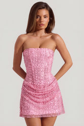 Embellished Draped Strapless A-Line Mini Dress In Pink