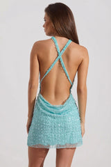 Embellished Cowl-Neck Backless Mini Dress In Aquamarine