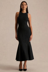 Sally | Black Crew-Neck Midi Dress With Drop Waist