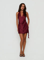 Landree Wrap Halter Satin Mini Dress Burgundy
