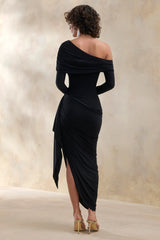 Franca | Black Asymmetric-Neck Midi Dress With Draped And Gathered Detailing