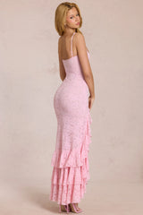 Lace Ruffle Maxi Dress In Blossom Pink