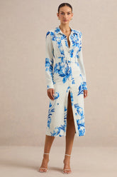 Zephy | Blue Floral Print Belted Shirt Midi Dress