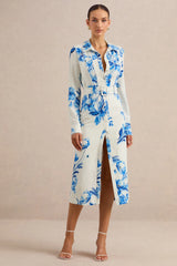 Zephy | Blue Floral Print Belted Shirt Midi Dress