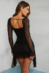 Long Sleeve Embellished Cowl Neck Mini Dress In Black
