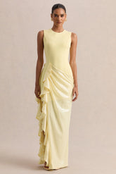 Ada | Lemon Crew-Neck Maxi Dress With Sheer Sequin Skirt And Ruffled Detailing