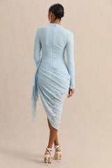 Laureline | Powder Blue Lace Crew-Neck Midi Dress With Draped-Detail And Asymmetric-Hem