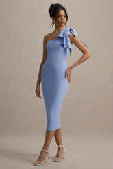 Ambretta | Powder Blue One-Shoulder Midi Dress With Bow