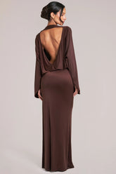Long-Sleeve Draped Maxi Dress In Chocolate Brown