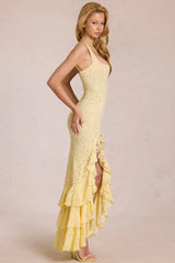 Lace Ruffle Maxi Dress In Lemon Yellow