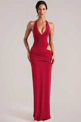 Deep Plunge Halterneck Maxi Dress In Cherry Red