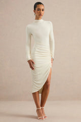 Faylinn | Cream High-Neck Midi Dress With Draped Detailing And Front Split
