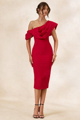 Adrina | Red Draped One Shoulder Midi Dress