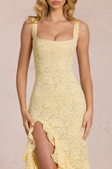 Lace Ruffle Maxi Dress In Lemon Yellow