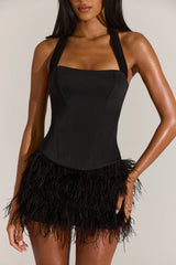 Satin Corset Feathered Mini Dress In Black