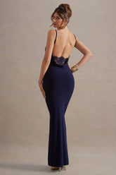Francoise | Navy Cowl Neck Backless Maxi Dress With Lace Insert