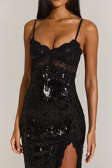 Embellished Lace-Trim Maxi Dress In Black