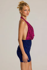 Embellished Plunge Cowl Neck Mini Dress In Cobalt Leopard