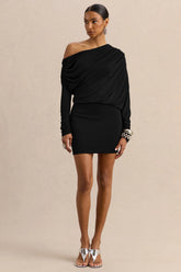 Inoria | Black Asymmetric-Neck Mini Dress