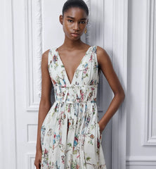 DIOR Dioriviera Mid-Length Flared Dress White Cotton Muslin with Multicolor Dior Arabesque Motif #387259