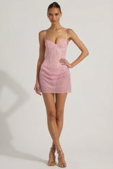 Semi-Sheer Embellished Draped Corset Mini Dress In Pink