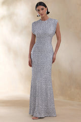 Aurah | Silver Sequin Crew-Neck Maxi Dress With Cap Sleeves