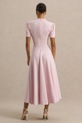 Vicky | Light Pink High Neck Midi Dress With Puff Sleeves