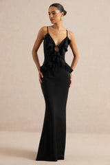 Marlen | Black Satin Plunge-Neck Maxi Dress With Ruffled Detailing
